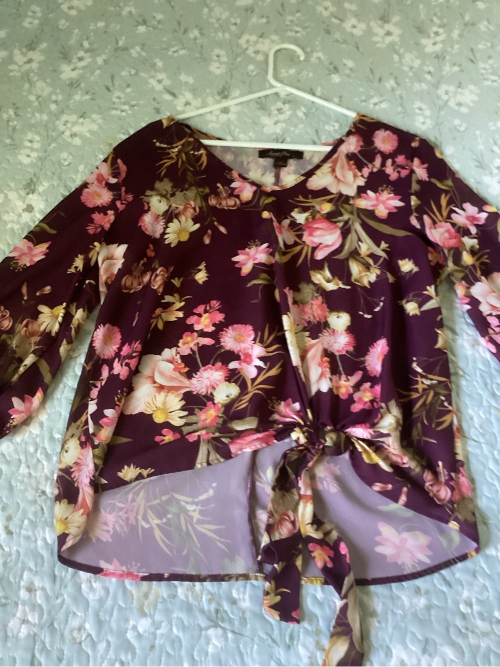 Beautiful Floral Tie-Front Blouse - Purple Floral - Size M